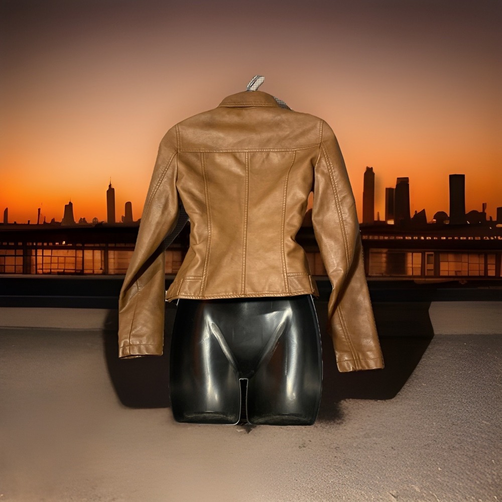 Coffee Shop Faux leather Moto Jacket Womens Crop Size Small Brown - Picture 5 of 8